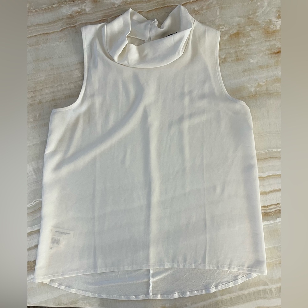 Ann Taylor Mixed Media Mock Neck Sleeveless Tank Top White Back Zip Size L